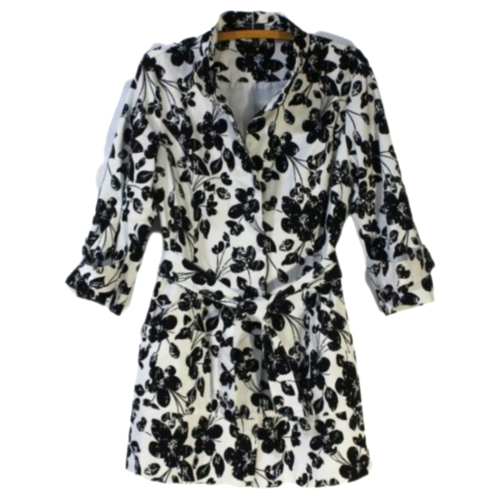 🖤 MADISON Black White Floral Trench Coat 3/4 Sleeve Belted Size Small